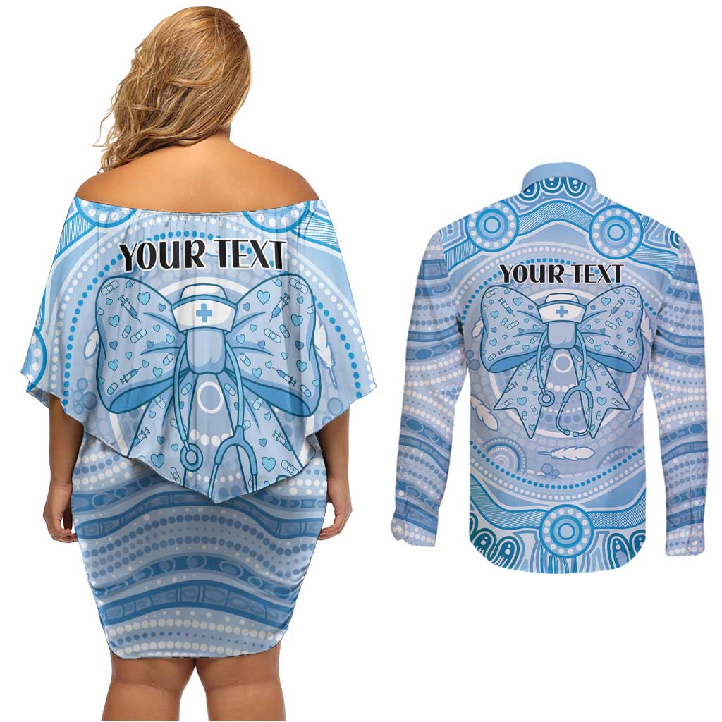 Aussie Nurse Personalised Couples Matching Off Shoulder Short Dress and Long Sleeve Button Shirt Blue Stethoscope Coquette Bow Aboriginal Dot Art
