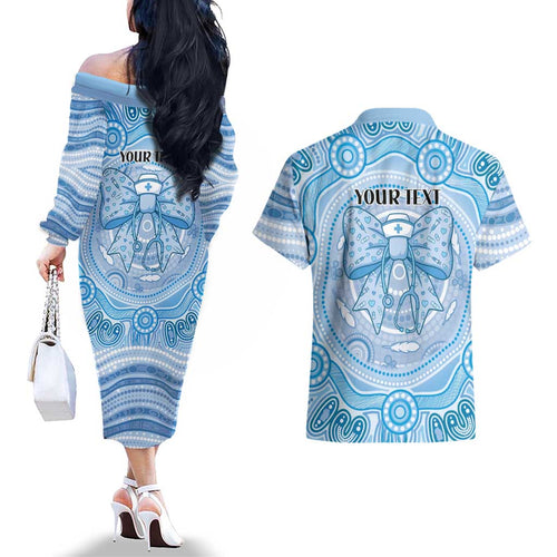 Aussie Nurse Personalised Couples Matching Off The Shoulder Long Sleeve Dress and Hawaiian Shirt Blue Stethoscope Coquette Bow Aboriginal Dot Art