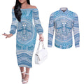 Aussie Nurse Personalised Couples Matching Off The Shoulder Long Sleeve Dress and Long Sleeve Button Shirt Blue Stethoscope Coquette Bow Aboriginal Dot Art