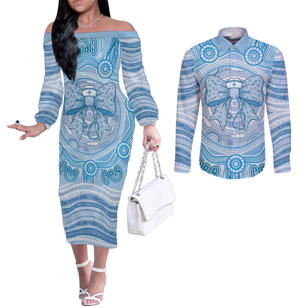 Aussie Nurse Personalised Couples Matching Off The Shoulder Long Sleeve Dress and Long Sleeve Button Shirt Blue Stethoscope Coquette Bow Aboriginal Dot Art