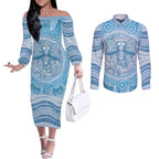 Aussie Nurse Personalised Couples Matching Off The Shoulder Long Sleeve Dress and Long Sleeve Button Shirt Blue Stethoscope Coquette Bow Aboriginal Dot Art