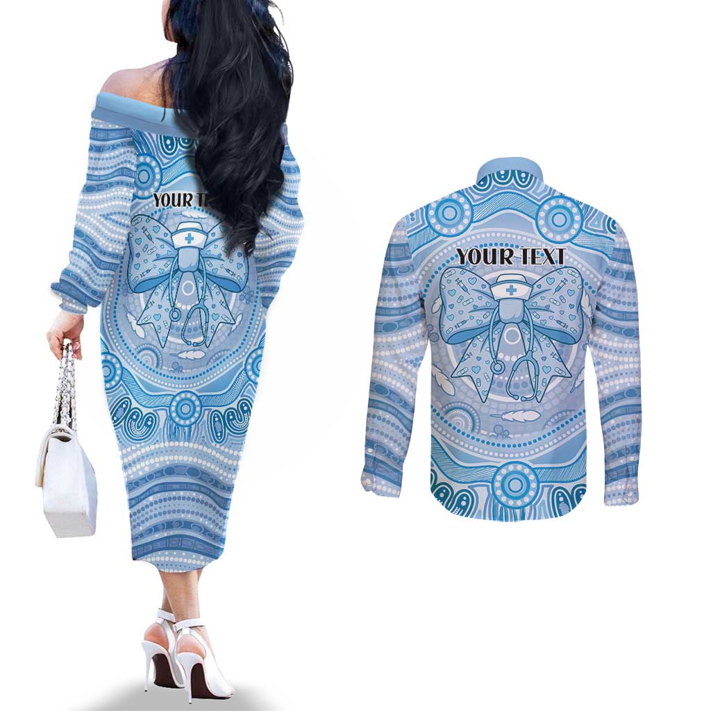 Aussie Nurse Personalised Couples Matching Off The Shoulder Long Sleeve Dress and Long Sleeve Button Shirt Blue Stethoscope Coquette Bow Aboriginal Dot Art