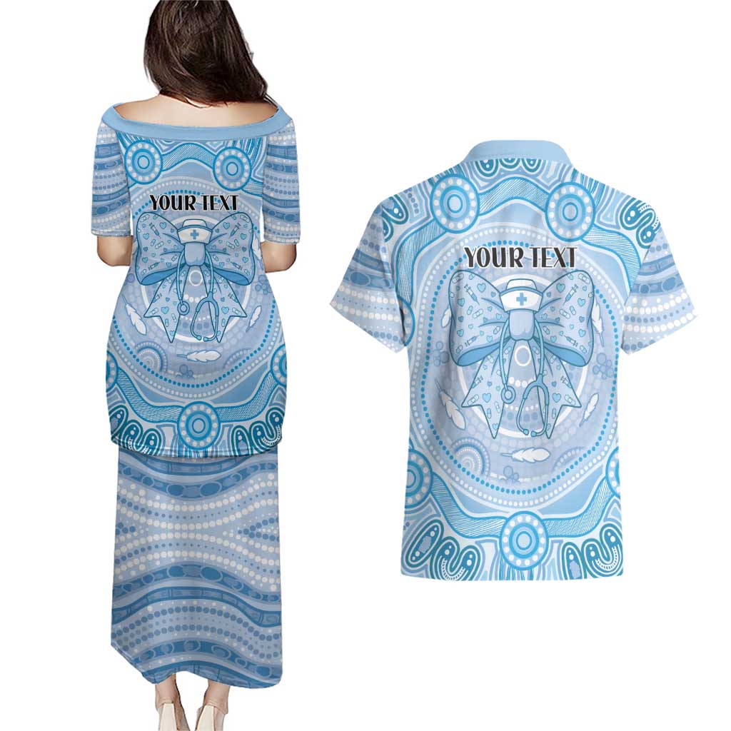 Aussie Nurse Personalised Couples Matching Puletasi and Hawaiian Shirt Blue Stethoscope Coquette Bow Aboriginal Dot Art