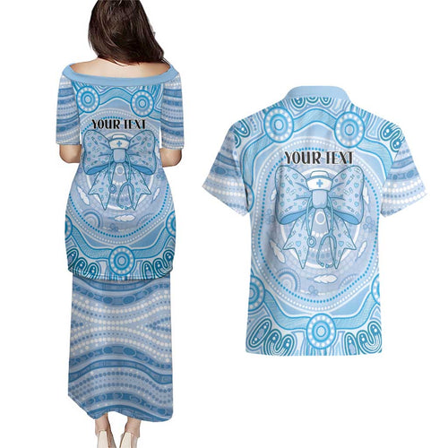 Aussie Nurse Personalised Couples Matching Puletasi and Hawaiian Shirt Blue Stethoscope Coquette Bow Aboriginal Dot Art