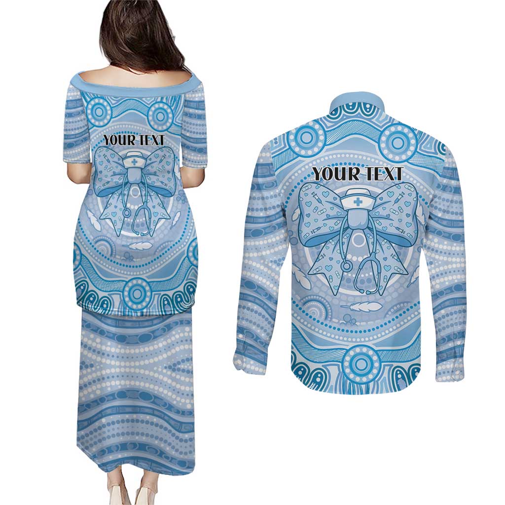 Aussie Nurse Personalised Couples Matching Puletasi and Long Sleeve Button Shirt Blue Stethoscope Coquette Bow Aboriginal Dot Art