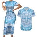 Aussie Nurse Personalised Couples Matching Short Sleeve Bodycon Dress and Hawaiian Shirt Blue Stethoscope Coquette Bow Aboriginal Dot Art