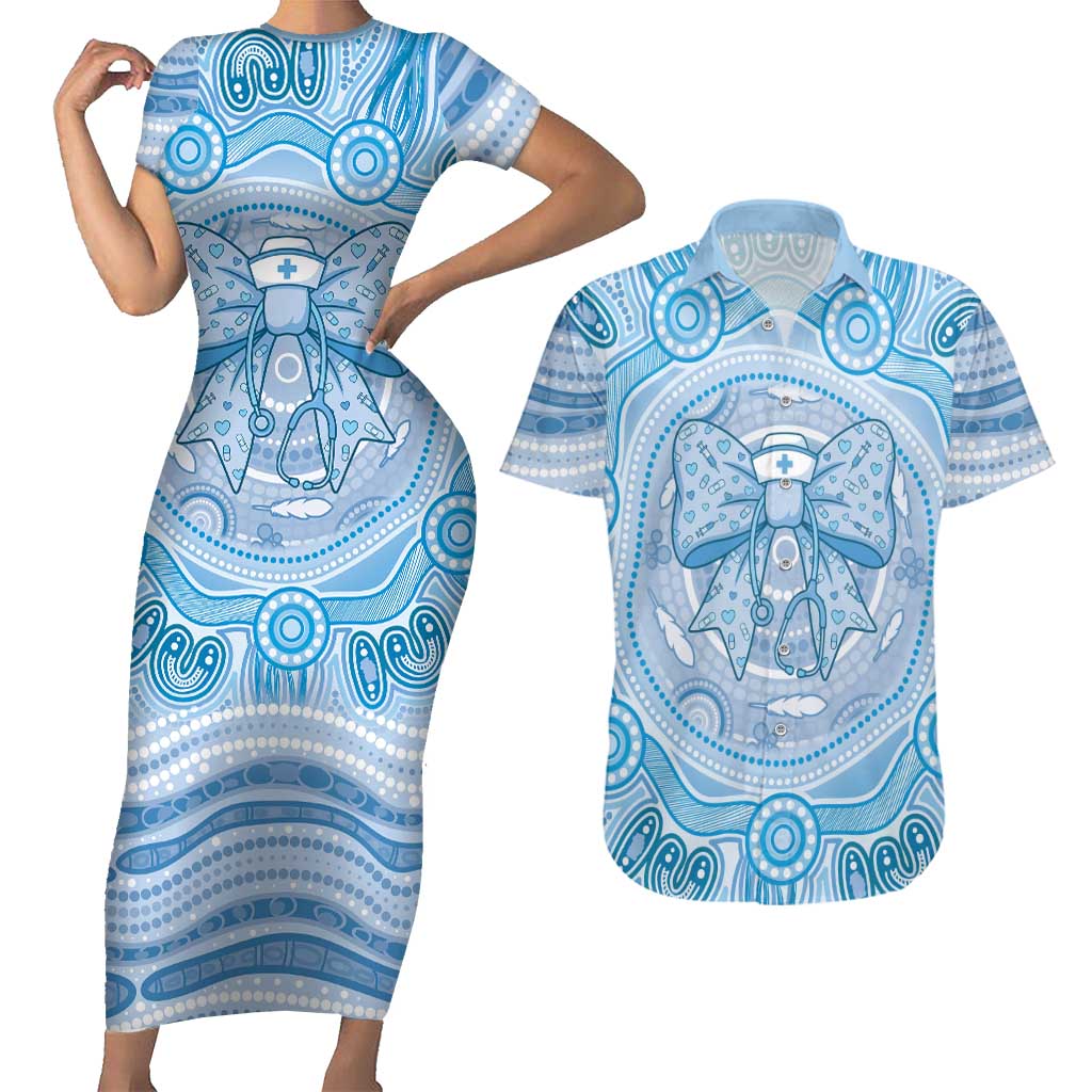 Aussie Nurse Personalised Couples Matching Short Sleeve Bodycon Dress and Hawaiian Shirt Blue Stethoscope Coquette Bow Aboriginal Dot Art