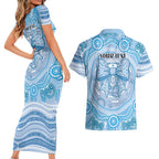 Aussie Nurse Personalised Couples Matching Short Sleeve Bodycon Dress and Hawaiian Shirt Blue Stethoscope Coquette Bow Aboriginal Dot Art