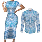 Aussie Nurse Personalised Couples Matching Short Sleeve Bodycon Dress and Long Sleeve Button Shirt Blue Stethoscope Coquette Bow Aboriginal Dot Art