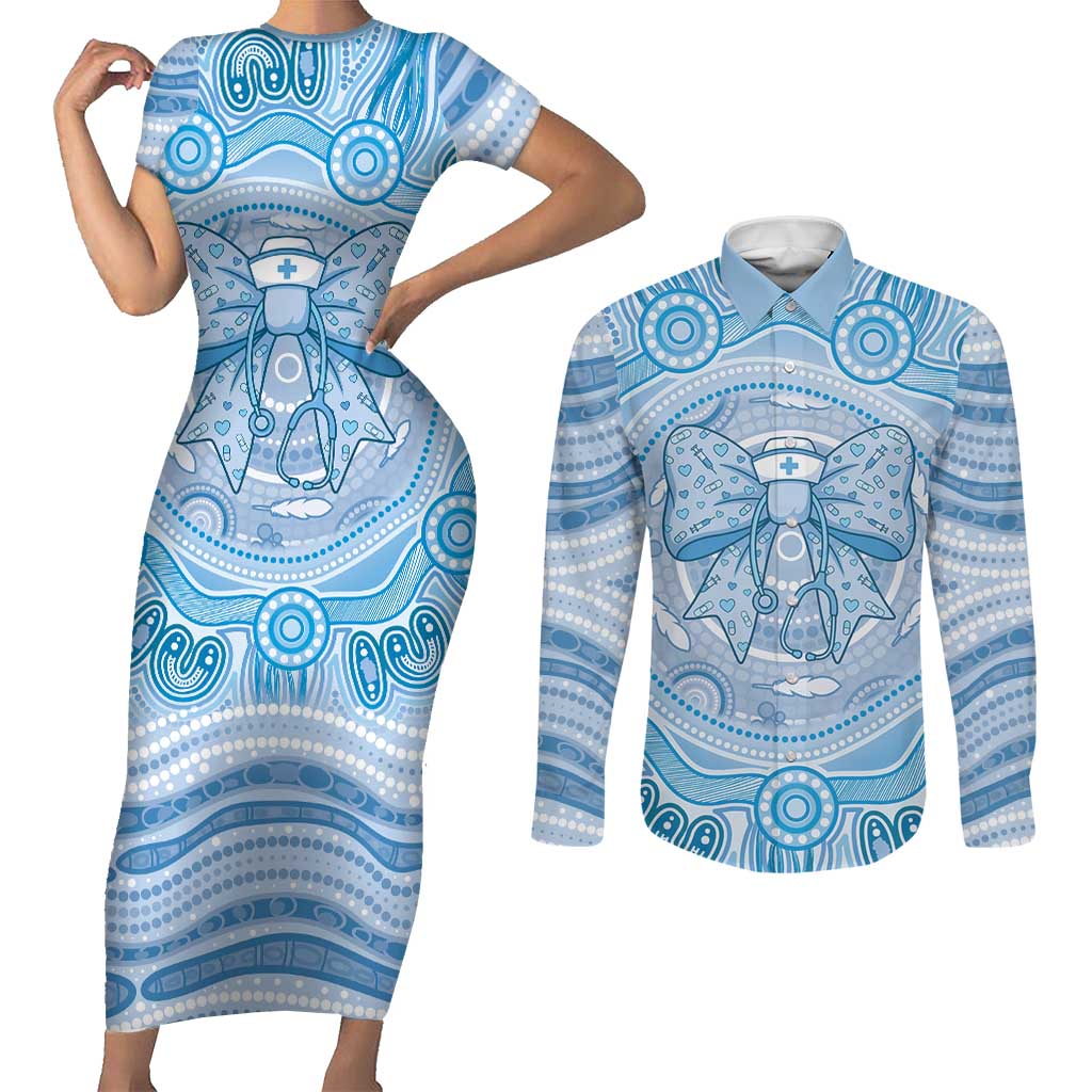 Aussie Nurse Personalised Couples Matching Short Sleeve Bodycon Dress and Long Sleeve Button Shirt Blue Stethoscope Coquette Bow Aboriginal Dot Art