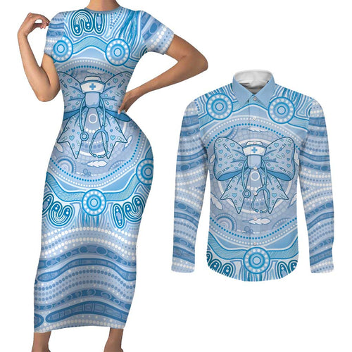Aussie Nurse Personalised Couples Matching Short Sleeve Bodycon Dress and Long Sleeve Button Shirt Blue Stethoscope Coquette Bow Aboriginal Dot Art