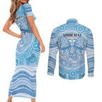 Aussie Nurse Personalised Couples Matching Short Sleeve Bodycon Dress and Long Sleeve Button Shirt Blue Stethoscope Coquette Bow Aboriginal Dot Art
