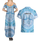Aussie Nurse Personalised Couples Matching Summer Maxi Dress and Hawaiian Shirt Blue Stethoscope Coquette Bow Aboriginal Dot Art