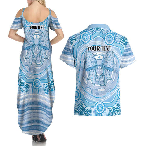Aussie Nurse Personalised Couples Matching Summer Maxi Dress and Hawaiian Shirt Blue Stethoscope Coquette Bow Aboriginal Dot Art