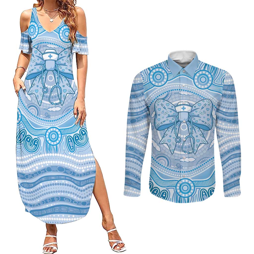 Aussie Nurse Personalised Couples Matching Summer Maxi Dress and Long Sleeve Button Shirt Blue Stethoscope Coquette Bow Aboriginal Dot Art