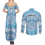 Aussie Nurse Personalised Couples Matching Summer Maxi Dress and Long Sleeve Button Shirt Blue Stethoscope Coquette Bow Aboriginal Dot Art