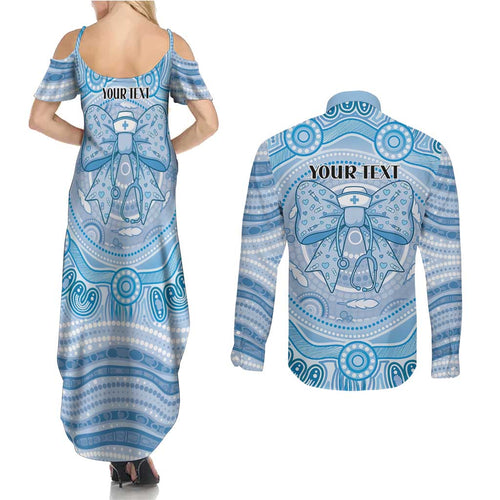 Aussie Nurse Personalised Couples Matching Summer Maxi Dress and Long Sleeve Button Shirt Blue Stethoscope Coquette Bow Aboriginal Dot Art