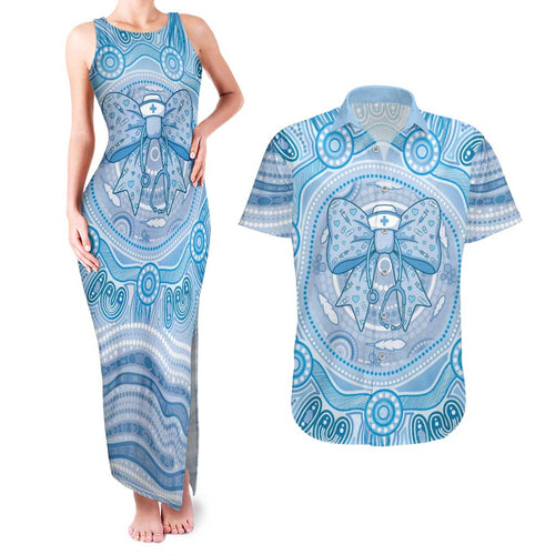 Aussie Nurse Personalised Couples Matching Tank Maxi Dress and Hawaiian Shirt Blue Stethoscope Coquette Bow Aboriginal Dot Art
