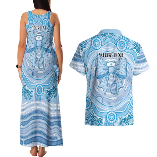 Aussie Nurse Personalised Couples Matching Tank Maxi Dress and Hawaiian Shirt Blue Stethoscope Coquette Bow Aboriginal Dot Art