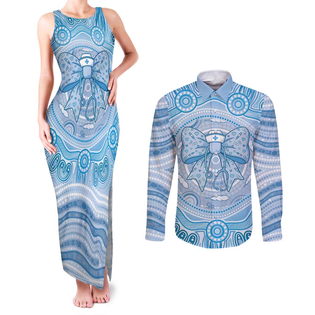 Aussie Nurse Personalised Couples Matching Tank Maxi Dress and Long Sleeve Button Shirt Blue Stethoscope Coquette Bow Aboriginal Dot Art