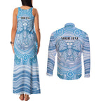 Aussie Nurse Personalised Couples Matching Tank Maxi Dress and Long Sleeve Button Shirt Blue Stethoscope Coquette Bow Aboriginal Dot Art