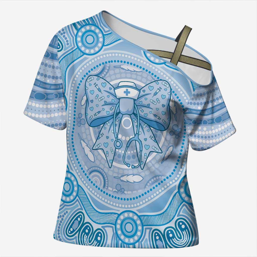 Aussie Nurse Personalised Cross Shoulder Shirt Blue Stethoscope Coquette Bow Aboriginal Dot Art