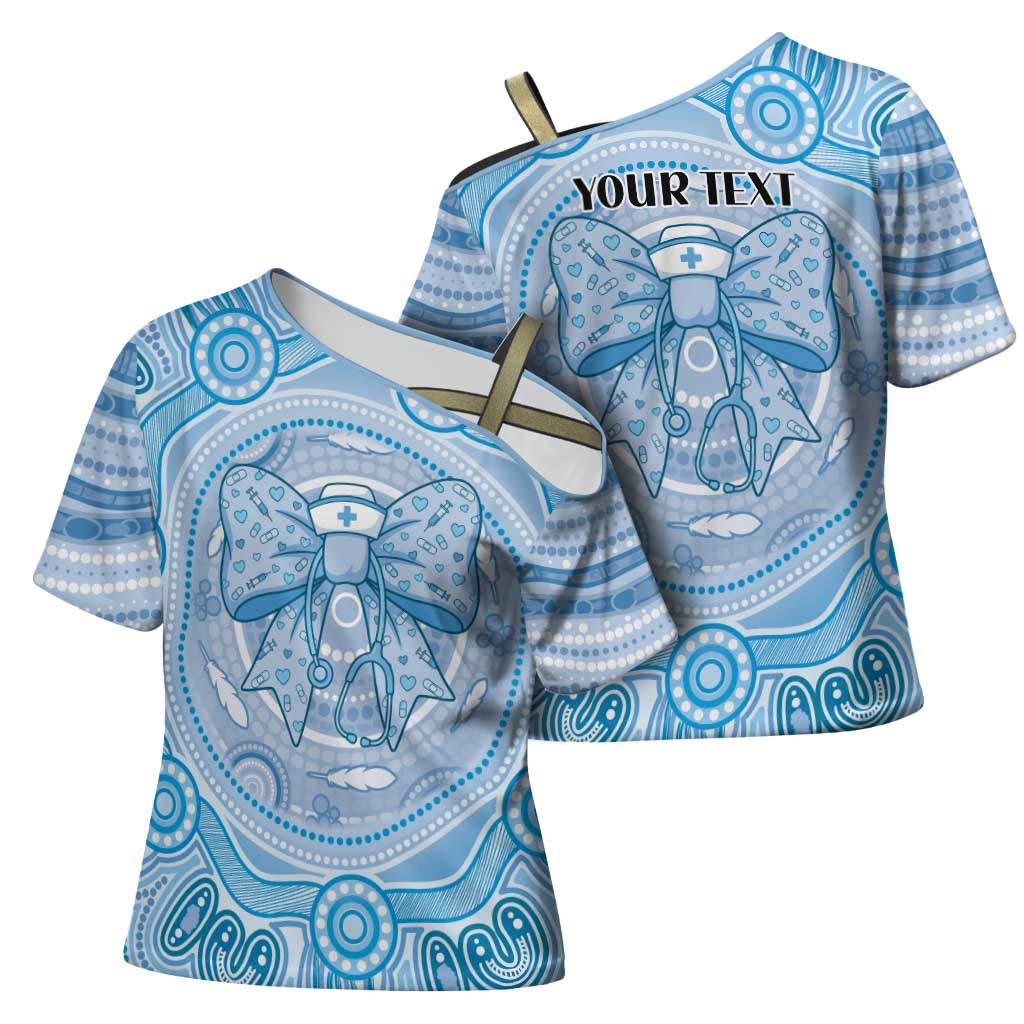 Aussie Nurse Personalised Cross Shoulder Shirt Blue Stethoscope Coquette Bow Aboriginal Dot Art