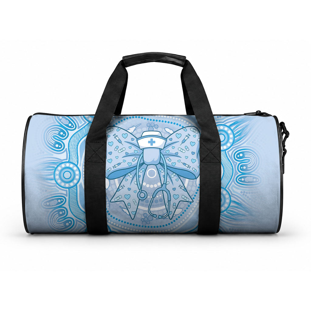 Aussie Nurse Duffle Bag Blue Stethoscope Coquette Bow Aboriginal Dot Art