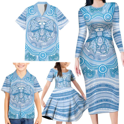 Aussie Nurse Personalised Family Matching Long Sleeve Bodycon Dress and Hawaiian Shirt Blue Stethoscope Coquette Bow Aboriginal Dot Art