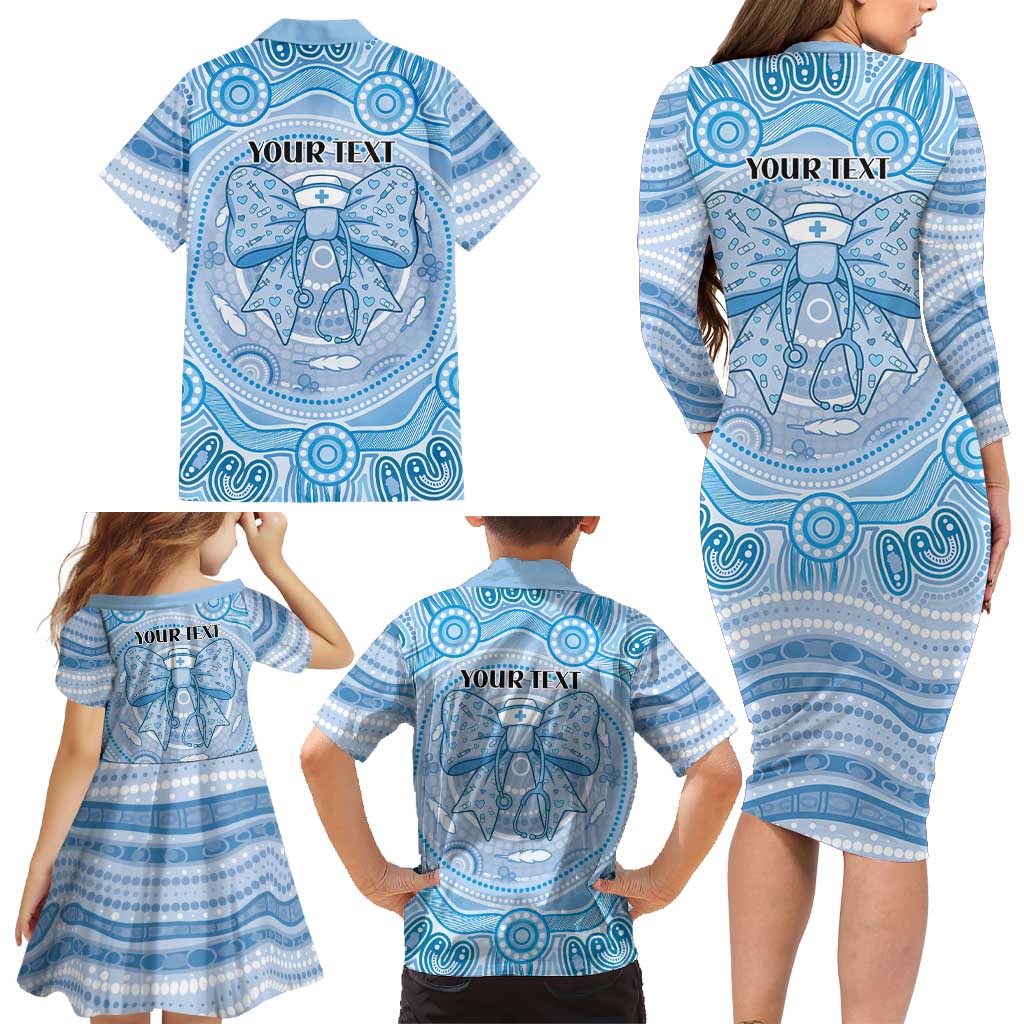 Aussie Nurse Personalised Family Matching Long Sleeve Bodycon Dress and Hawaiian Shirt Blue Stethoscope Coquette Bow Aboriginal Dot Art