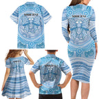 Aussie Nurse Personalised Family Matching Long Sleeve Bodycon Dress and Hawaiian Shirt Blue Stethoscope Coquette Bow Aboriginal Dot Art