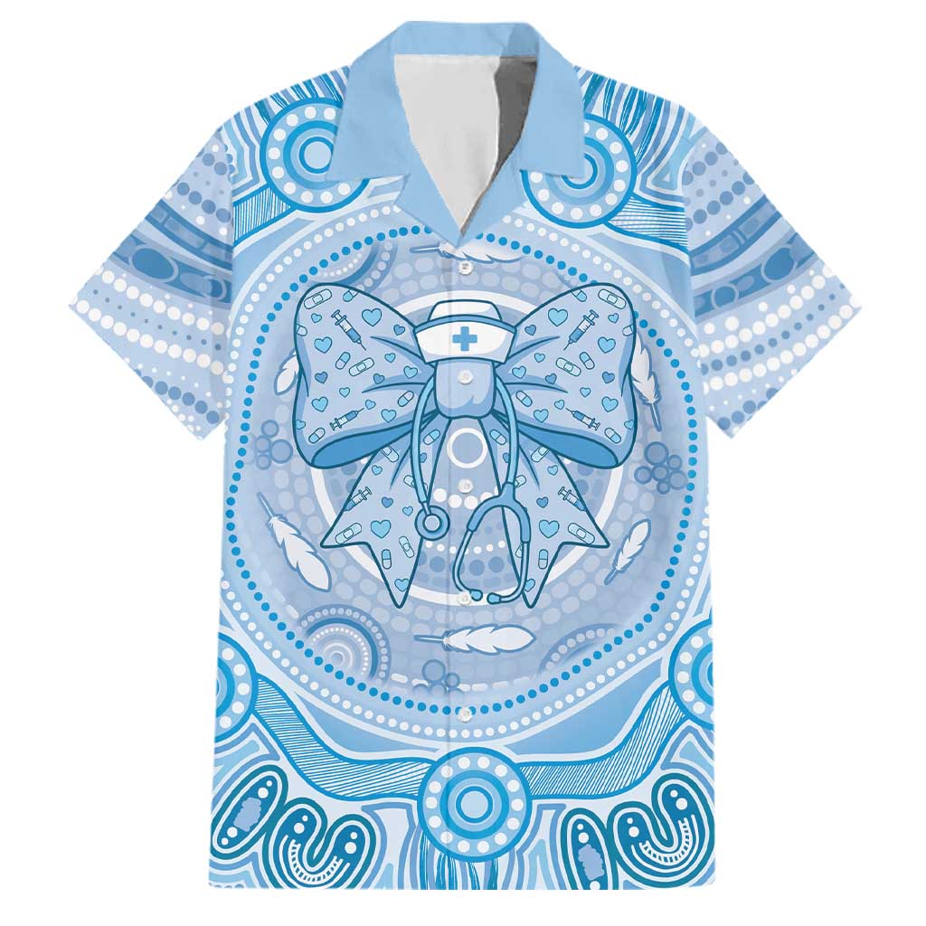Aussie Nurse Personalised Family Matching Long Sleeve Bodycon Dress and Hawaiian Shirt Blue Stethoscope Coquette Bow Aboriginal Dot Art
