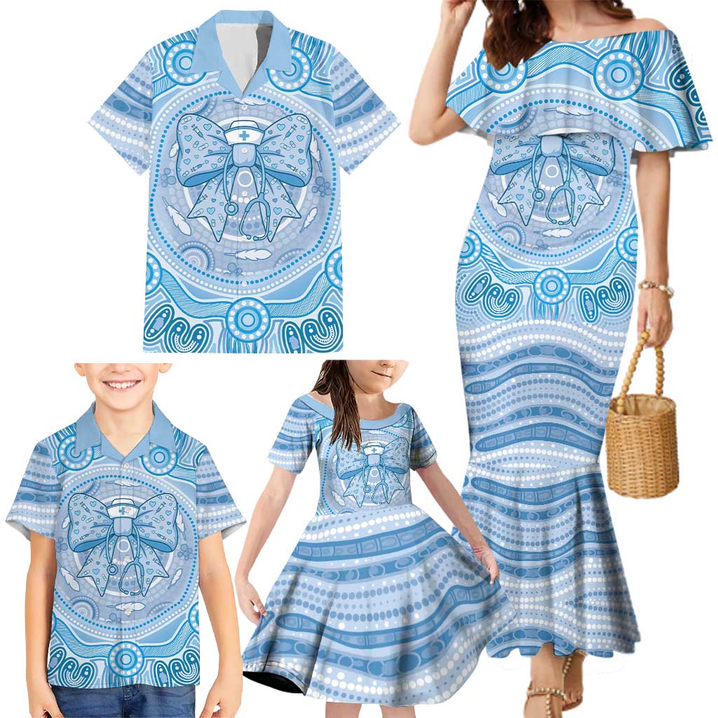 Aussie Nurse Personalised Family Matching Mermaid Dress and Hawaiian Shirt Blue Stethoscope Coquette Bow Aboriginal Dot Art
