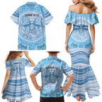 Aussie Nurse Personalised Family Matching Mermaid Dress and Hawaiian Shirt Blue Stethoscope Coquette Bow Aboriginal Dot Art