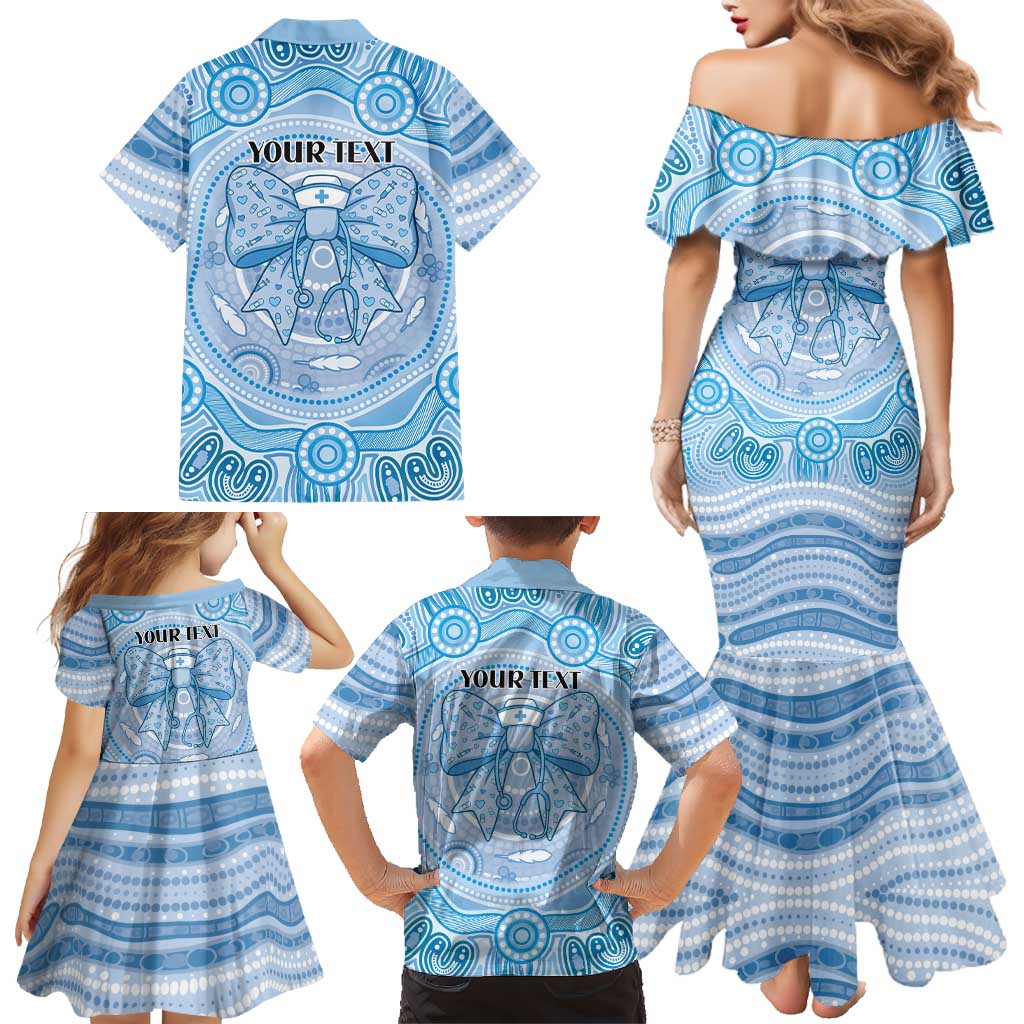 Aussie Nurse Personalised Family Matching Mermaid Dress and Hawaiian Shirt Blue Stethoscope Coquette Bow Aboriginal Dot Art
