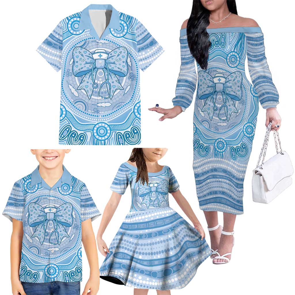 Aussie Nurse Personalised Family Matching Off The Shoulder Long Sleeve Dress and Hawaiian Shirt Blue Stethoscope Coquette Bow Aboriginal Dot Art
