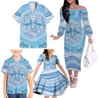 Aussie Nurse Personalised Family Matching Off The Shoulder Long Sleeve Dress and Hawaiian Shirt Blue Stethoscope Coquette Bow Aboriginal Dot Art