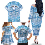 Aussie Nurse Personalised Family Matching Off The Shoulder Long Sleeve Dress and Hawaiian Shirt Blue Stethoscope Coquette Bow Aboriginal Dot Art