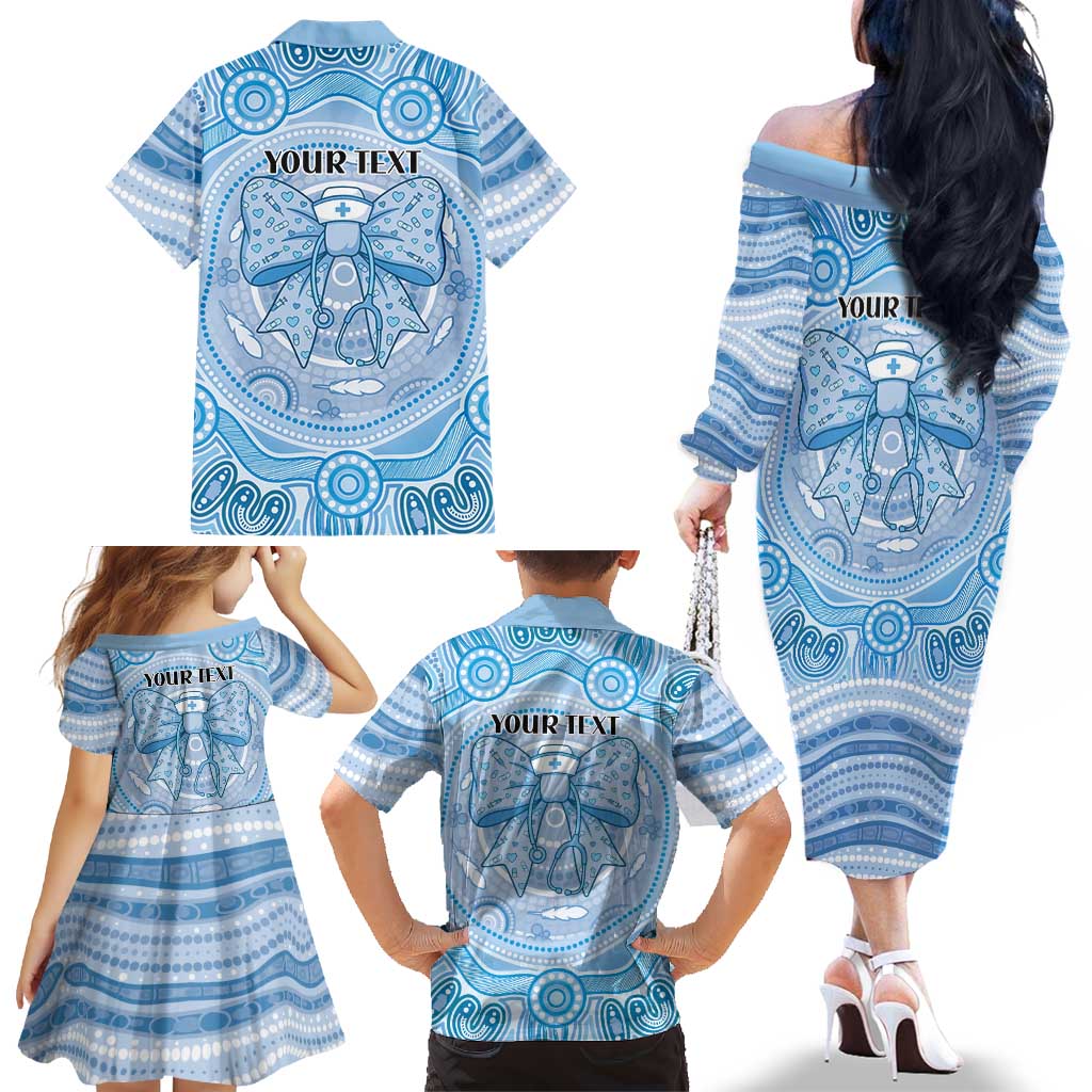 Aussie Nurse Personalised Family Matching Off The Shoulder Long Sleeve Dress and Hawaiian Shirt Blue Stethoscope Coquette Bow Aboriginal Dot Art