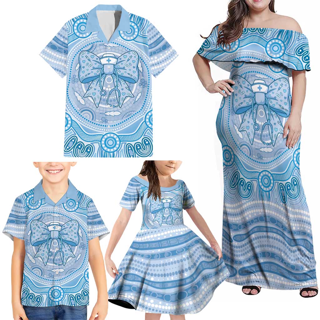 Aussie Nurse Personalised Family Matching Off Shoulder Maxi Dress and Hawaiian Shirt Blue Stethoscope Coquette Bow Aboriginal Dot Art