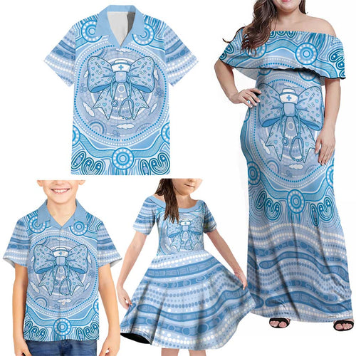 Aussie Nurse Personalised Family Matching Off Shoulder Maxi Dress and Hawaiian Shirt Blue Stethoscope Coquette Bow Aboriginal Dot Art
