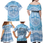Aussie Nurse Personalised Family Matching Off Shoulder Maxi Dress and Hawaiian Shirt Blue Stethoscope Coquette Bow Aboriginal Dot Art