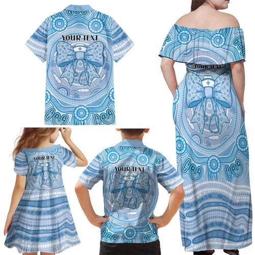 Aussie Nurse Personalised Family Matching Off Shoulder Maxi Dress and Hawaiian Shirt Blue Stethoscope Coquette Bow Aboriginal Dot Art