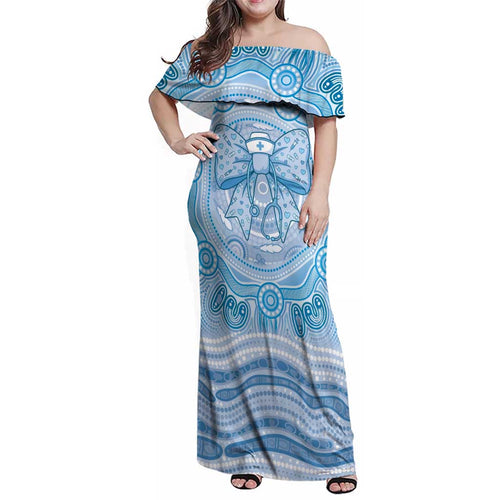 Aussie Nurse Personalised Family Matching Off Shoulder Maxi Dress and Hawaiian Shirt Blue Stethoscope Coquette Bow Aboriginal Dot Art