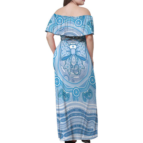 Aussie Nurse Personalised Family Matching Off Shoulder Maxi Dress and Hawaiian Shirt Blue Stethoscope Coquette Bow Aboriginal Dot Art