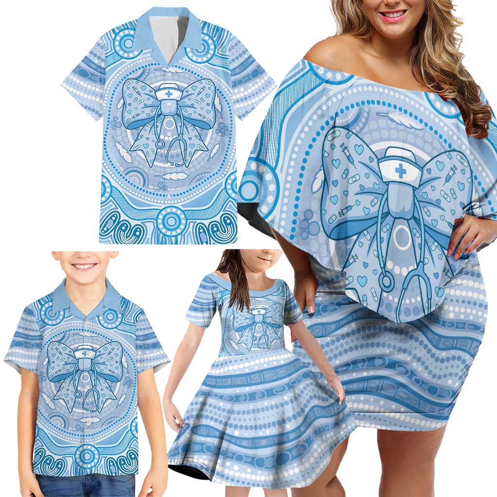 Aussie Nurse Personalised Family Matching Off Shoulder Short Dress and Hawaiian Shirt Blue Stethoscope Coquette Bow Aboriginal Dot Art