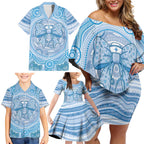 Aussie Nurse Personalised Family Matching Off Shoulder Short Dress and Hawaiian Shirt Blue Stethoscope Coquette Bow Aboriginal Dot Art