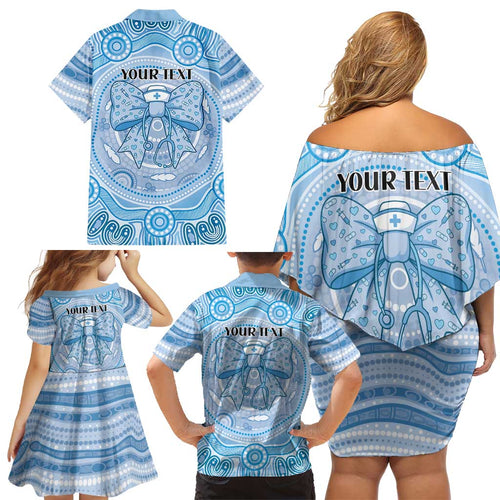 Aussie Nurse Personalised Family Matching Off Shoulder Short Dress and Hawaiian Shirt Blue Stethoscope Coquette Bow Aboriginal Dot Art