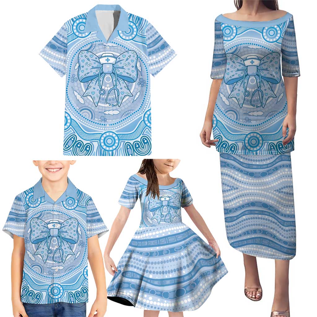 Aussie Nurse Personalised Family Matching Puletasi and Hawaiian Shirt Blue Stethoscope Coquette Bow Aboriginal Dot Art