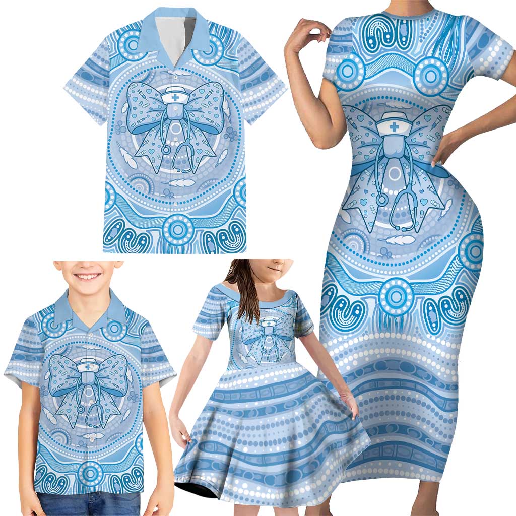 Aussie Nurse Personalised Family Matching Short Sleeve Bodycon Dress and Hawaiian Shirt Blue Stethoscope Coquette Bow Aboriginal Dot Art